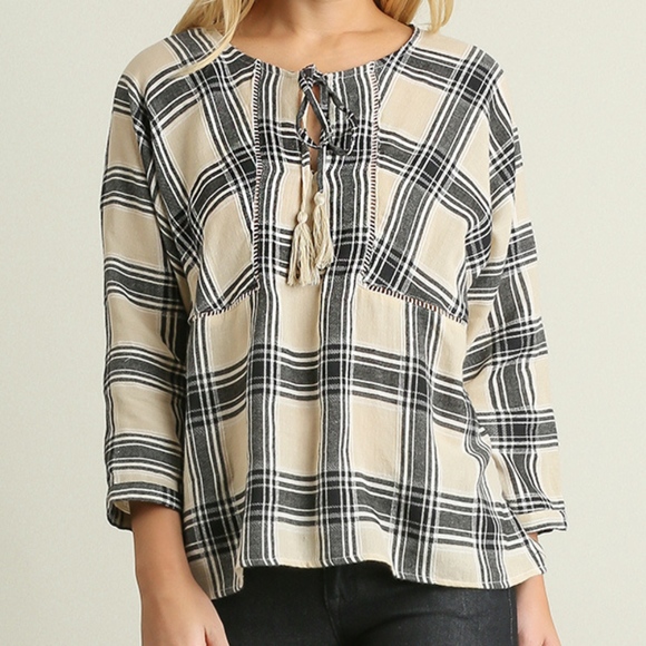 Umgee Tops - New Umgee Cream Plaid Tassel Peasant Top